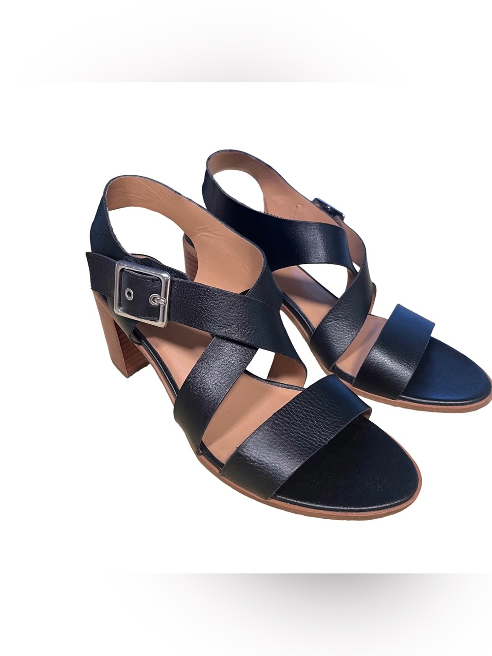 Franco Sarto Helga Black Leather Strappy Sandals Women’s Sz 9.5 Block Heel EUC